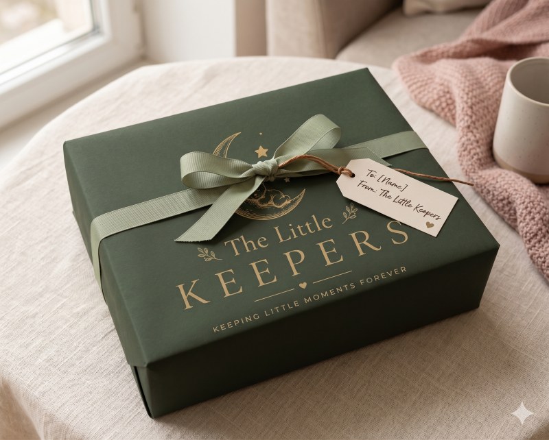 The Little Keepers gift box tied with a sage ribbon and personalised gift tag